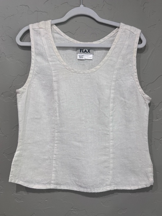 Flax Tops - FLAX 100% Linen White Scoop Neck Tank Top Shell Small Lagenlook Coastal